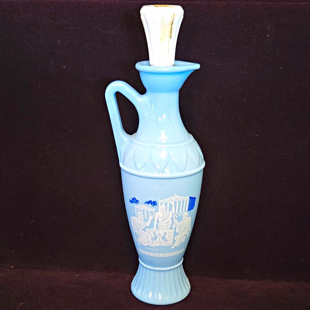 Vintage 1961 Jim Beam Grecian Decanter Blue Milk Glass Philosopher Stopper Urn